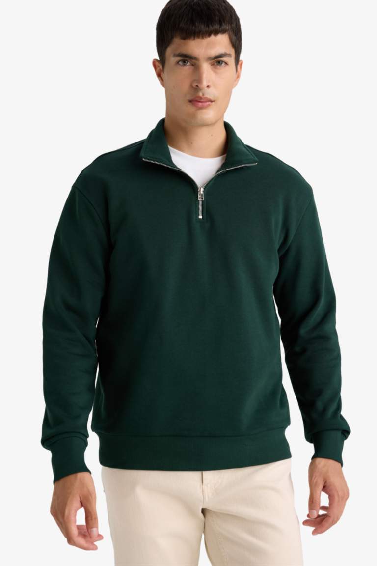 Regular Fit Dik Yaka Yarım Fermuarlı Basic Düz Sweatshirt