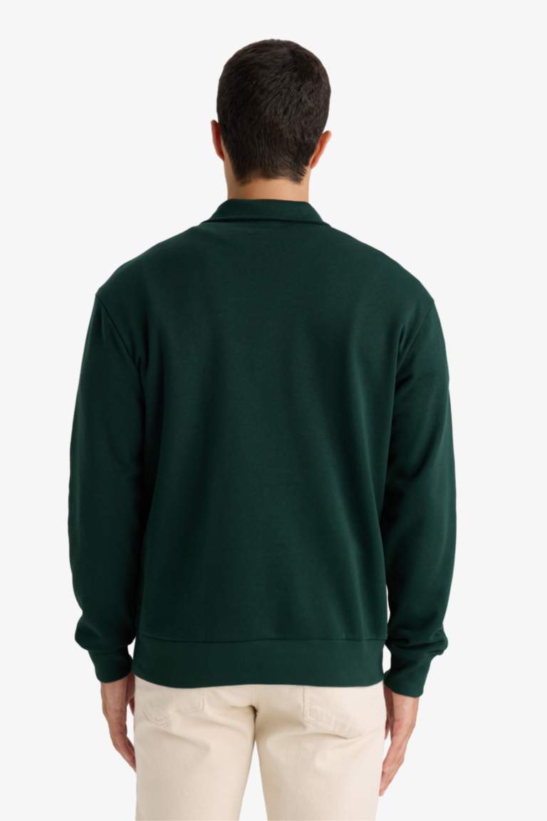 Regular Fit Dik Yaka Yarım Fermuarlı Basic Düz Sweatshirt