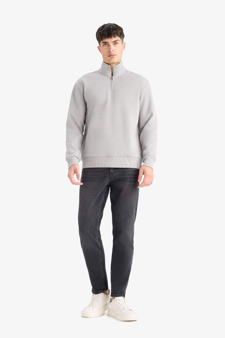 Regular Fit Dik Yaka Yarım Fermuarlı İçi Yumuşak Tüylü Basic Düz Sweatshirt