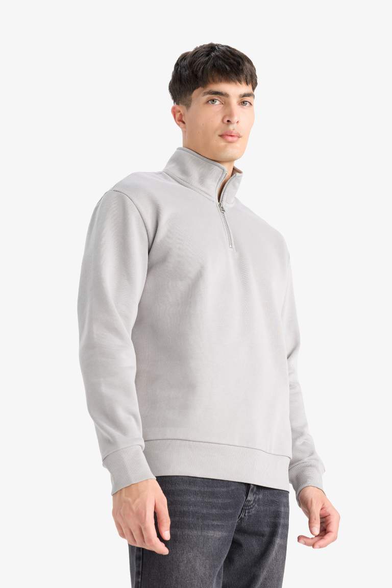 Regular Fit Dik Yaka Yarım Fermuarlı İçi Yumuşak Tüylü Basic Düz Sweatshirt