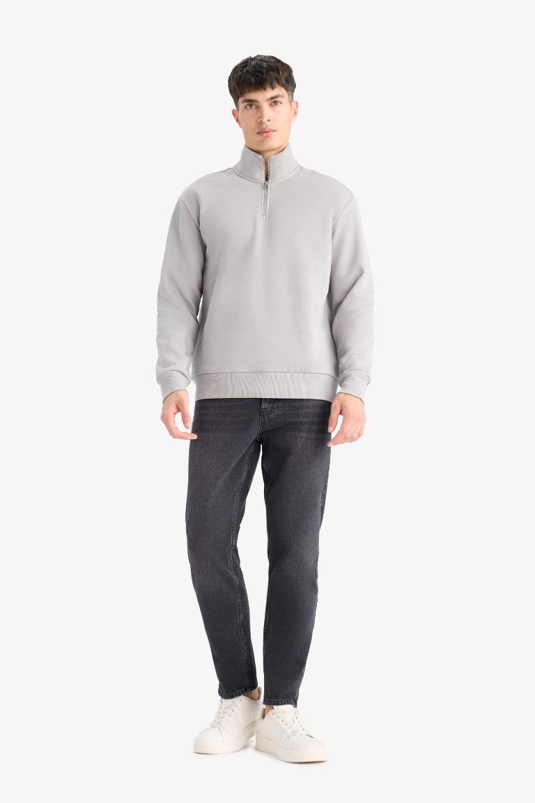 Regular Fit Dik Yaka Yarım Fermuarlı İçi Yumuşak Tüylü Basic Düz Sweatshirt