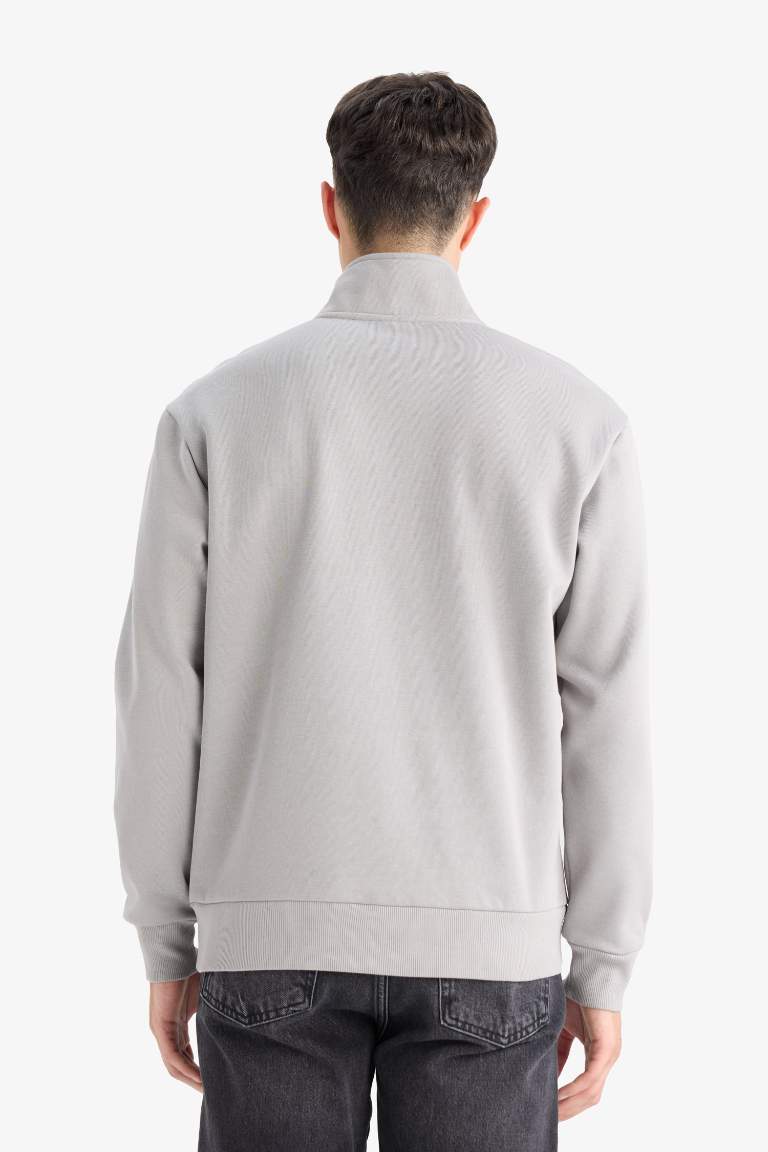 Regular Fit Dik Yaka Yarım Fermuarlı İçi Yumuşak Tüylü Basic Düz Sweatshirt