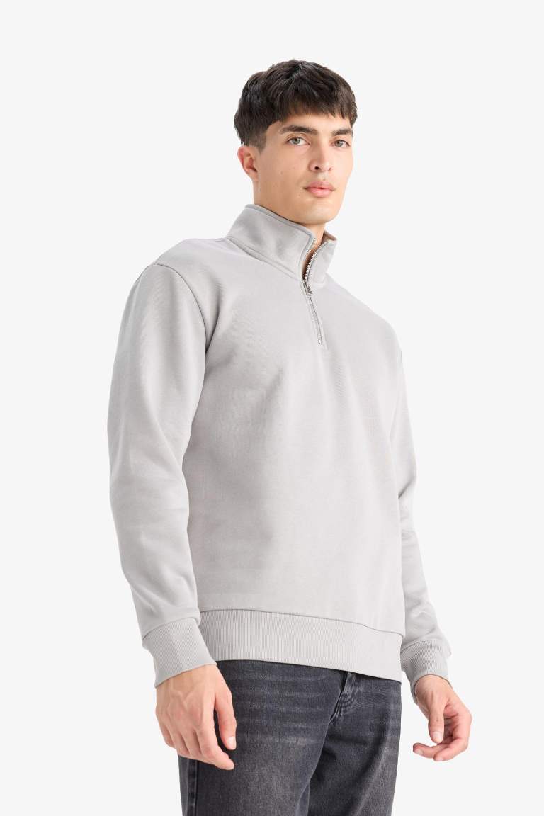 Regular Fit Dik Yaka Yarım Fermuarlı İçi Yumuşak Tüylü Basic Düz Sweatshirt