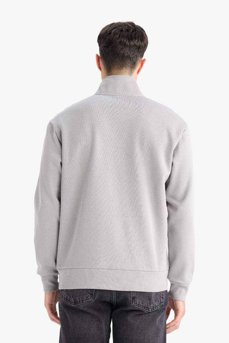Regular Fit Dik Yaka Yarım Fermuarlı İçi Yumuşak Tüylü Basic Düz Sweatshirt