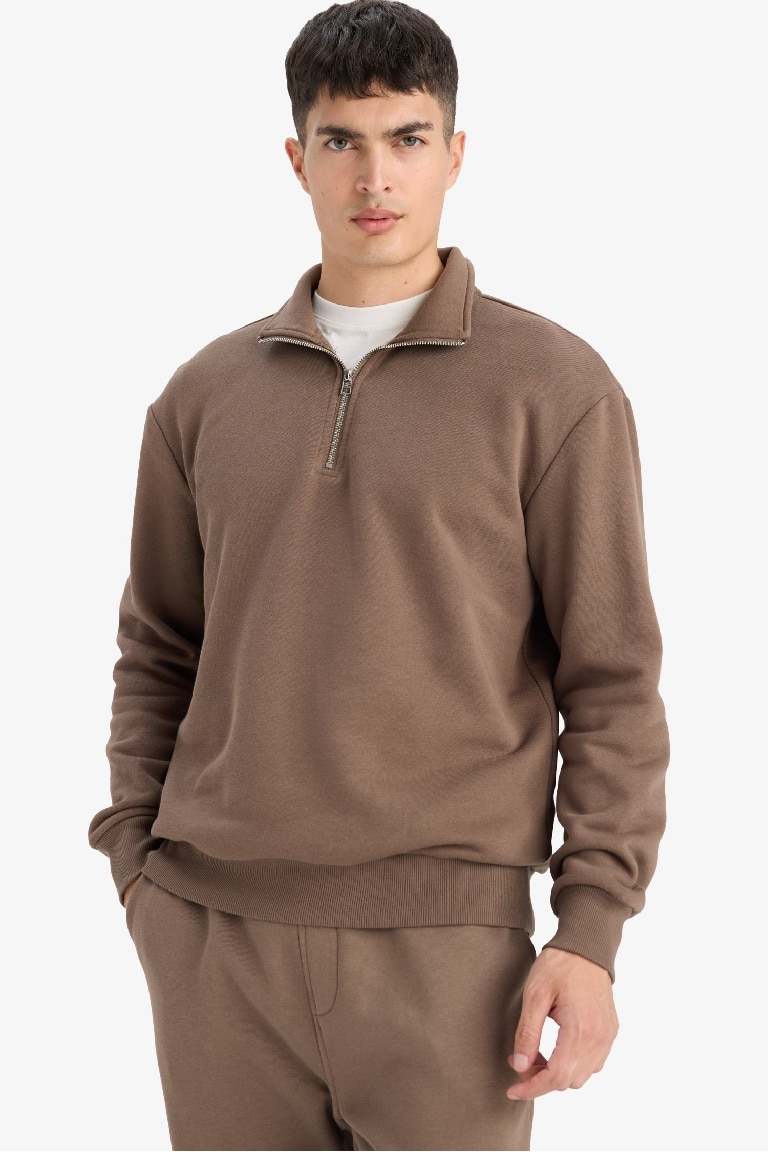 Regular Fit Dik Yaka Yarım Fermuarlı İçi Yumuşak Tüylü Basic Düz Sweatshirt