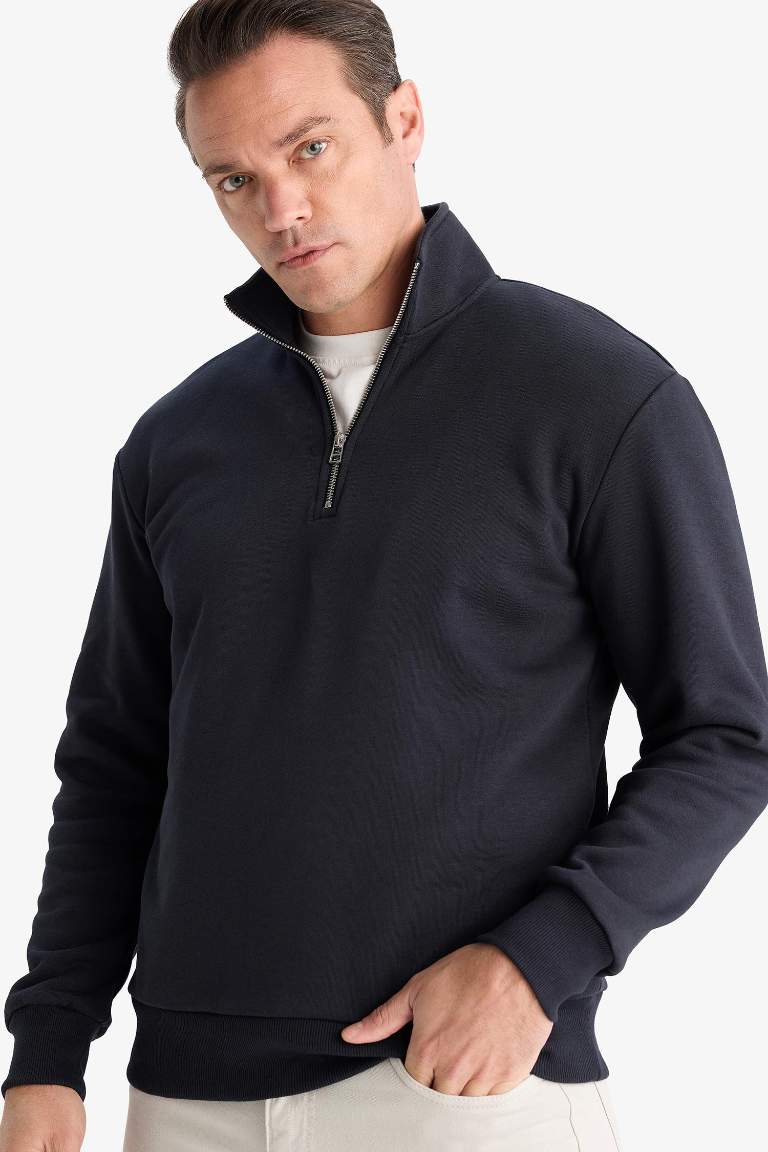 Regular Fit Dik Yaka Yarım Fermuarlı İçi Yumuşak Tüylü Basic Düz Sweatshirt
