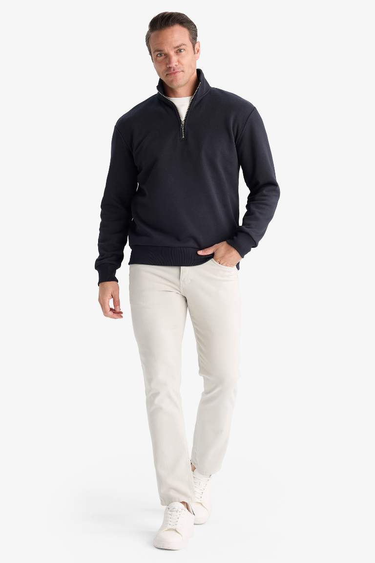 Regular Fit Dik Yaka Yarım Fermuarlı İçi Yumuşak Tüylü Basic Düz Sweatshirt