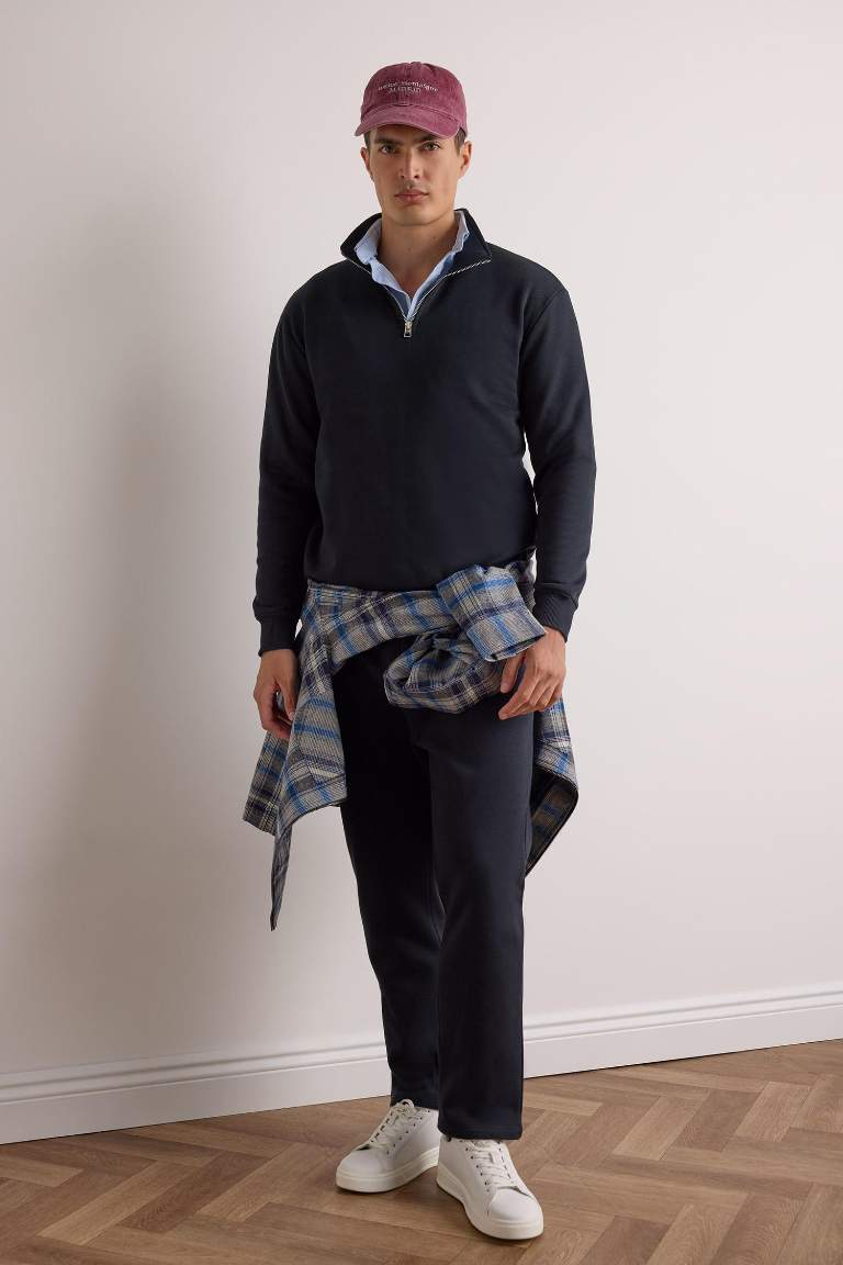 Regular Fit Half Zippered Basic Sweatshirt