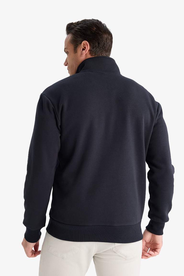 Regular Fit Dik Yaka Yarım Fermuarlı İçi Yumuşak Tüylü Basic Düz Sweatshirt