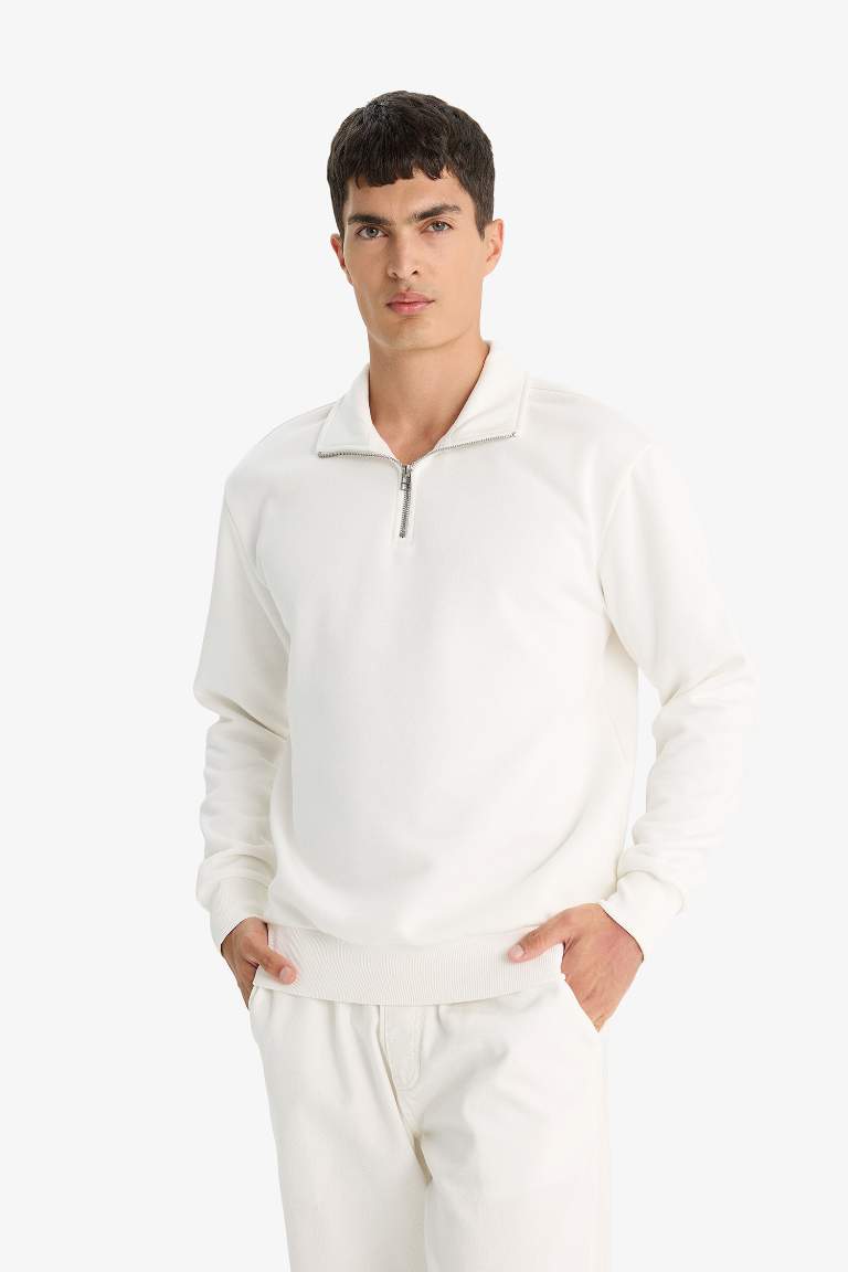 Comfort Regular Fit Rahat Kalıp Fermuarlı Dik Yaka Basic Düz Sweatshirt