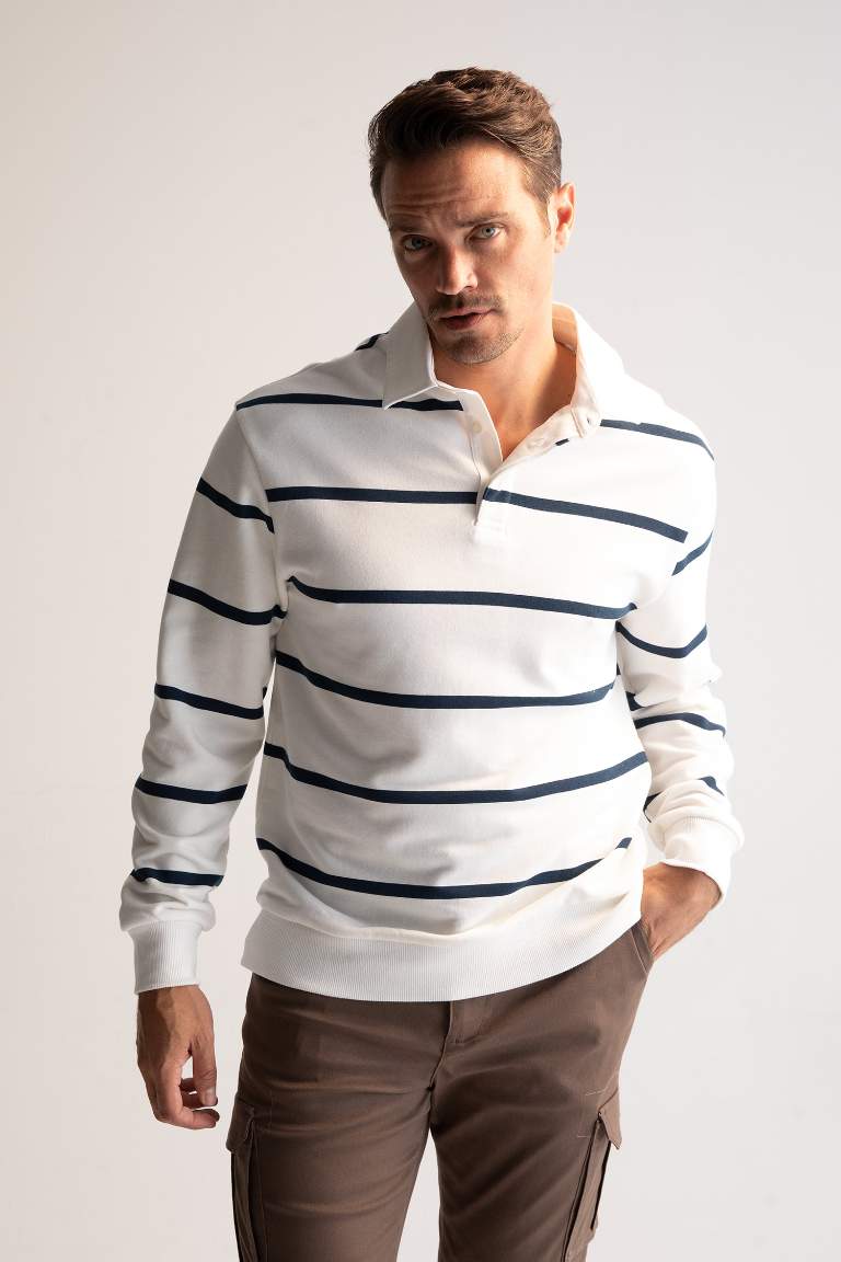 Comfort Fit Polo Yaka Çizgili Sweatshirt