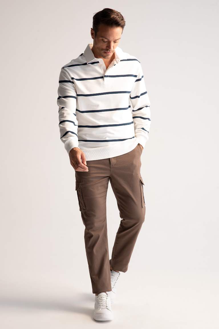 Comfort Fit Polo Yaka Çizgili Sweatshirt
