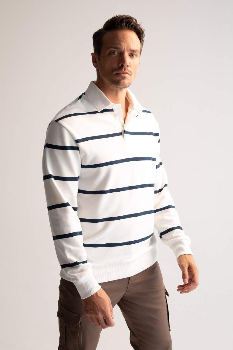 Comfort Fit Polo Yaka Çizgili Sweatshirt