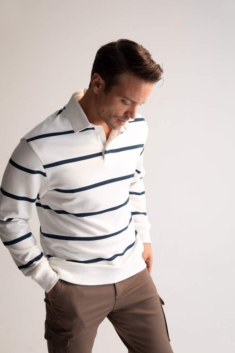 Comfort Fit Polo Yaka Çizgili Sweatshirt