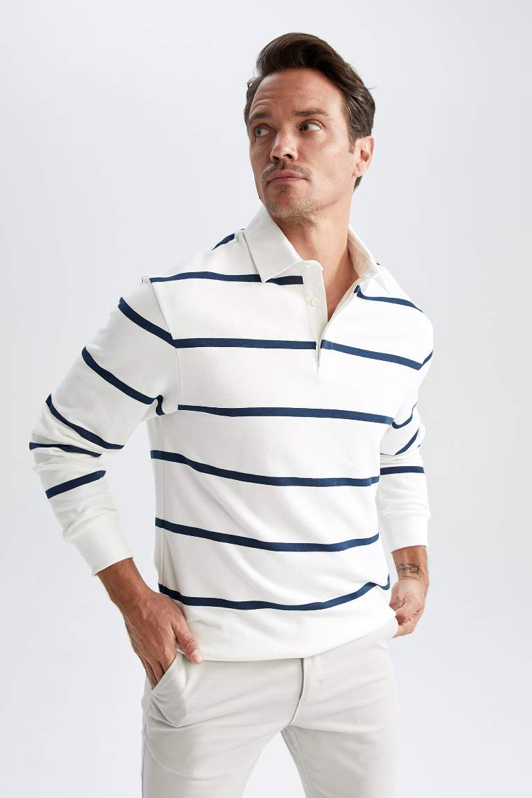 Comfort Fit Polo Yaka Çizgili Sweatshirt