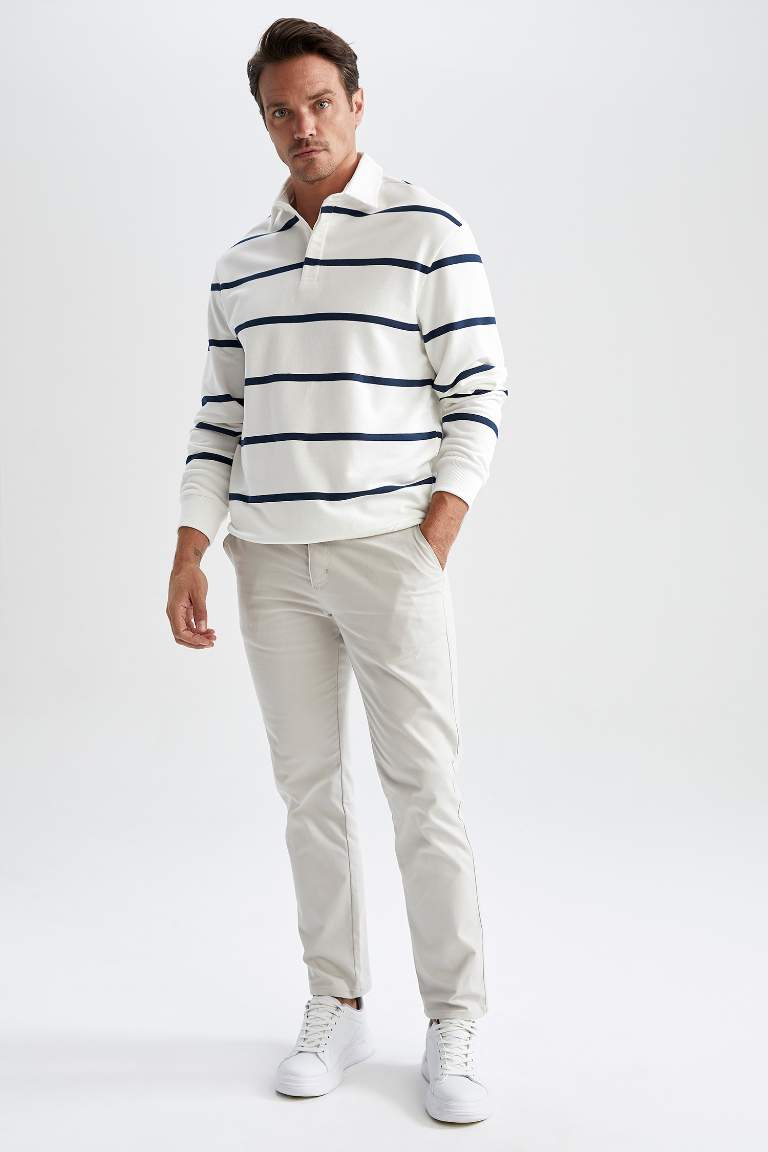 Comfort Fit Polo Yaka Çizgili Sweatshirt