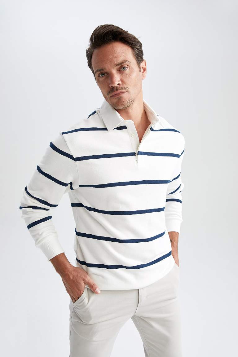 Comfort Fit Polo Yaka Çizgili Sweatshirt
