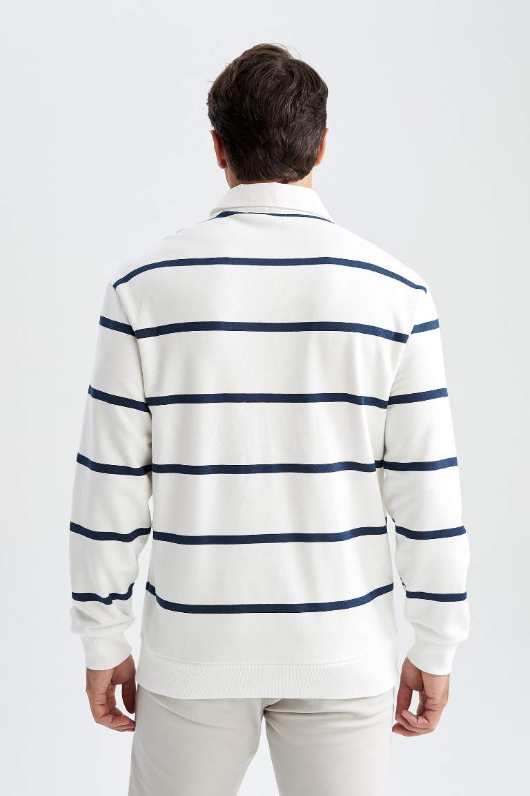 Comfort Fit Polo Yaka Çizgili Sweatshirt