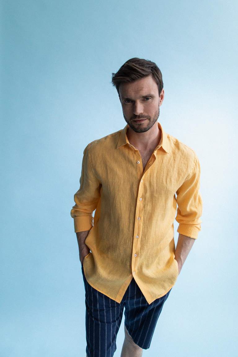%100 Keten Modern Fit Uzun Kollu Klasik Gömlek