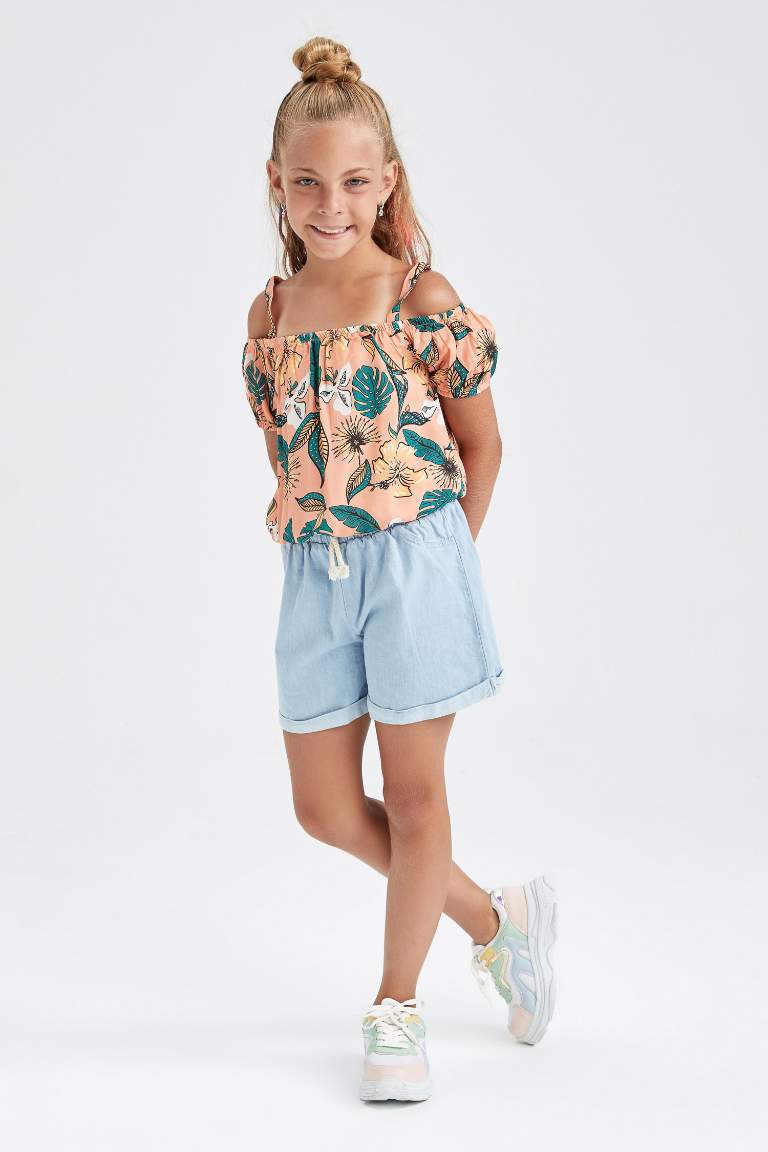 Girl Strappy Short Sleeve Tropical Printed Blouse