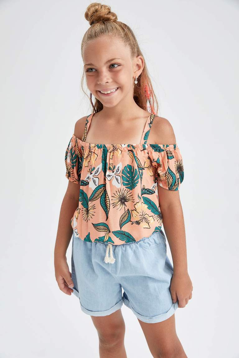 Girl Strappy Short Sleeve Tropical Printed Blouse