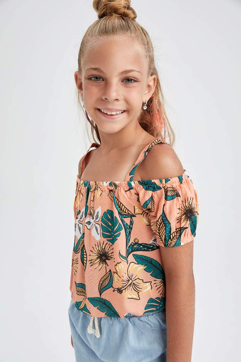 Girl Strappy Short Sleeve Tropical Printed Blouse