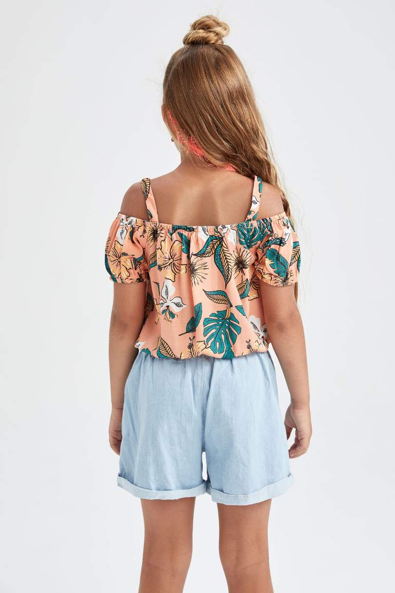 Girl Strappy Short Sleeve Tropical Printed Blouse