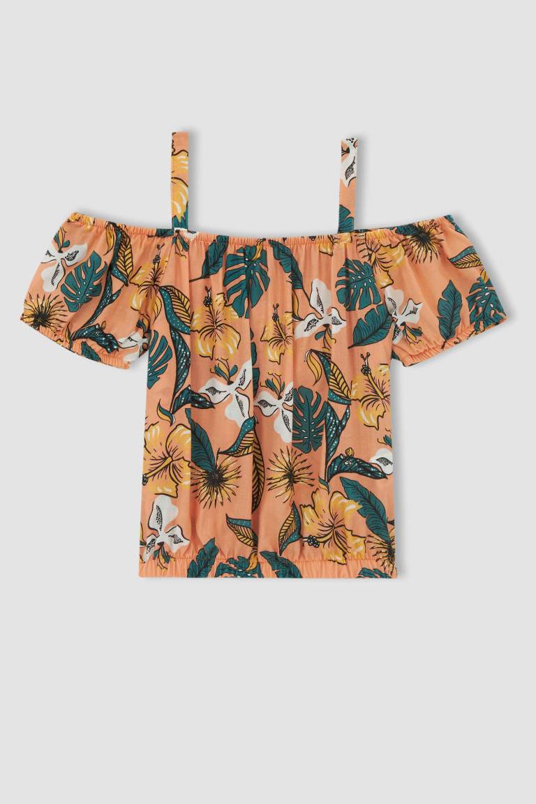 Girl Strappy Short Sleeve Tropical Printed Blouse