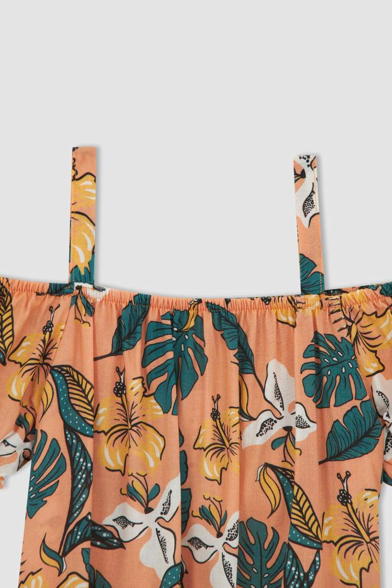 Girl Strappy Short Sleeve Tropical Printed Blouse