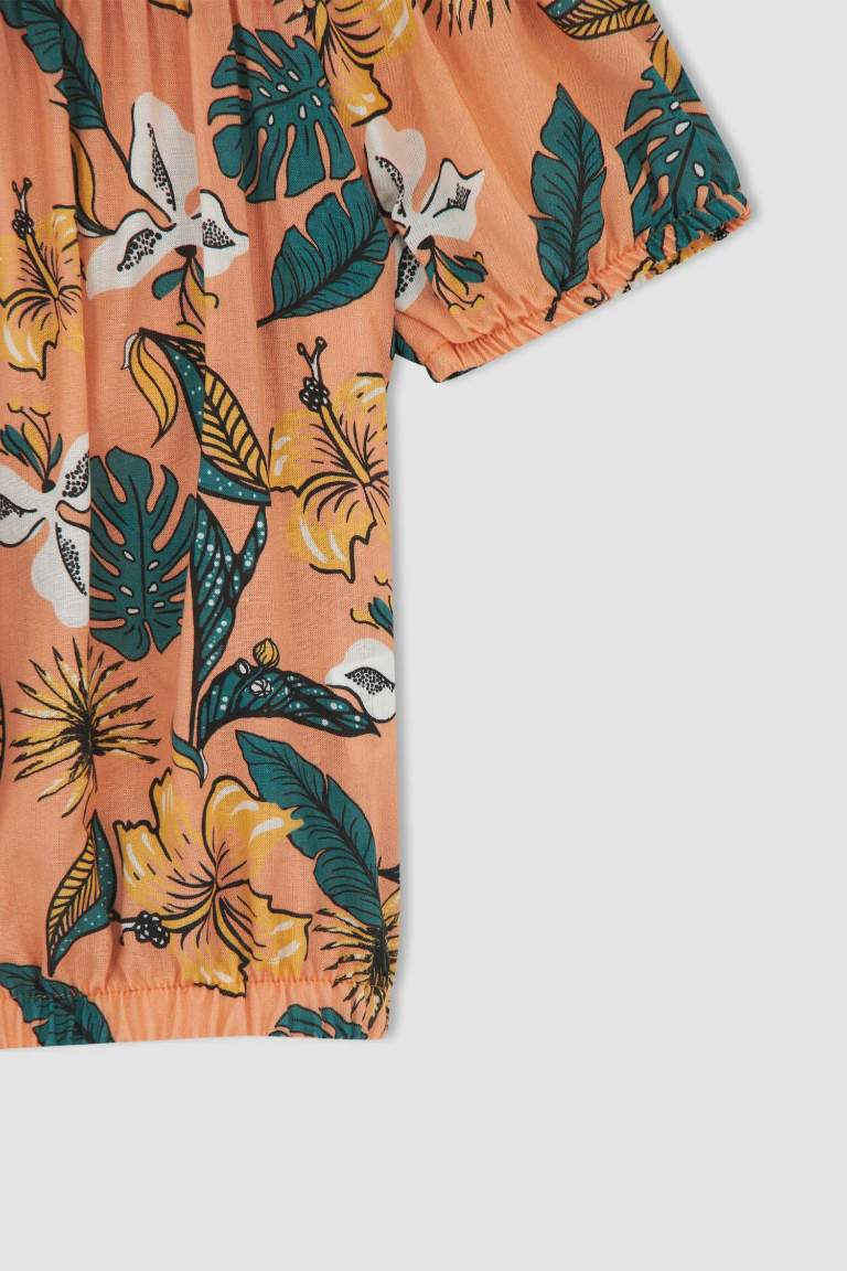 Girl Strappy Short Sleeve Tropical Printed Blouse