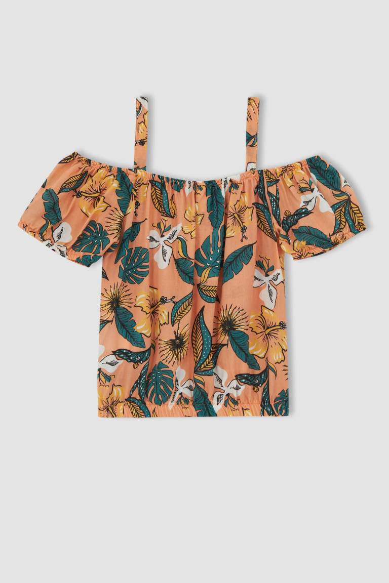 Girl Strappy Short Sleeve Tropical Printed Blouse