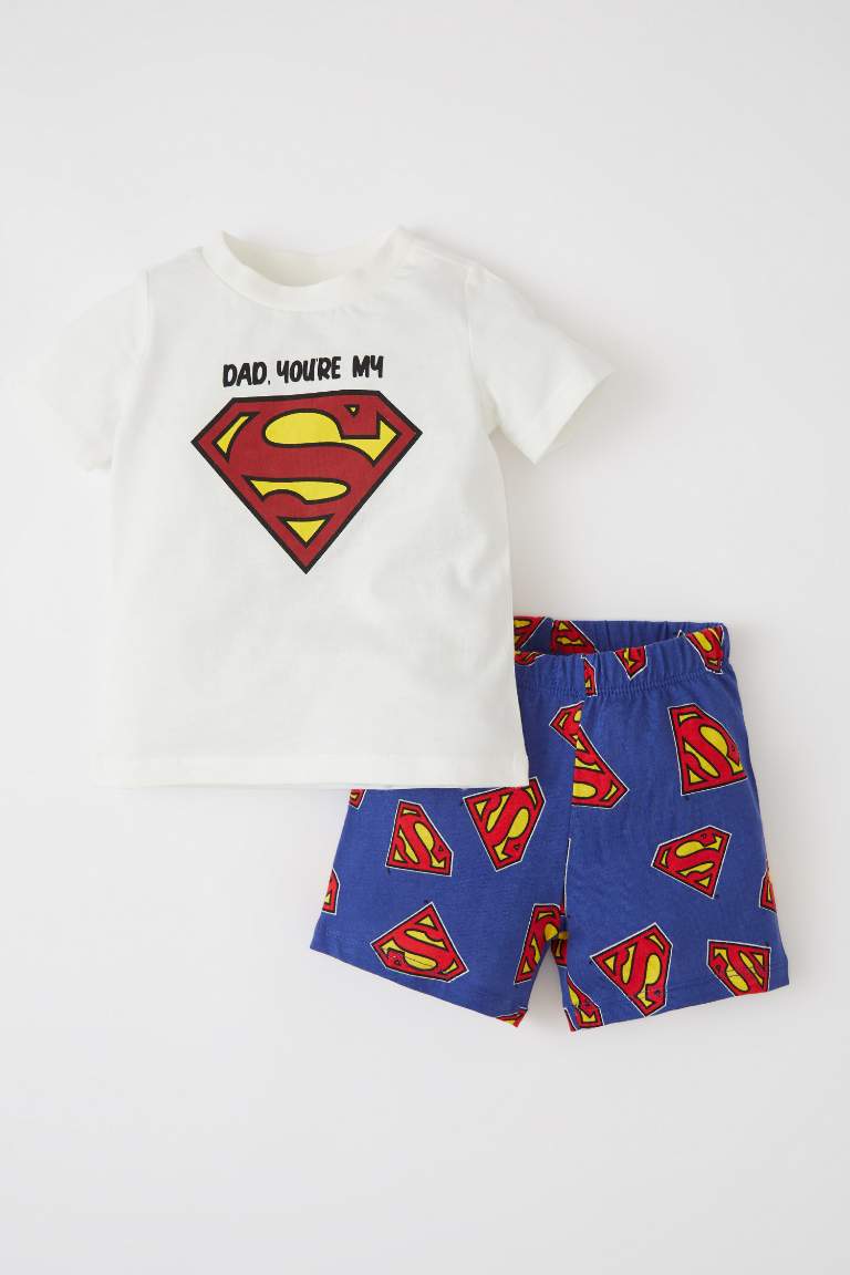 Erkek Bebek Superman Pamuklu Kısa Kollu Şort Pijama Takım