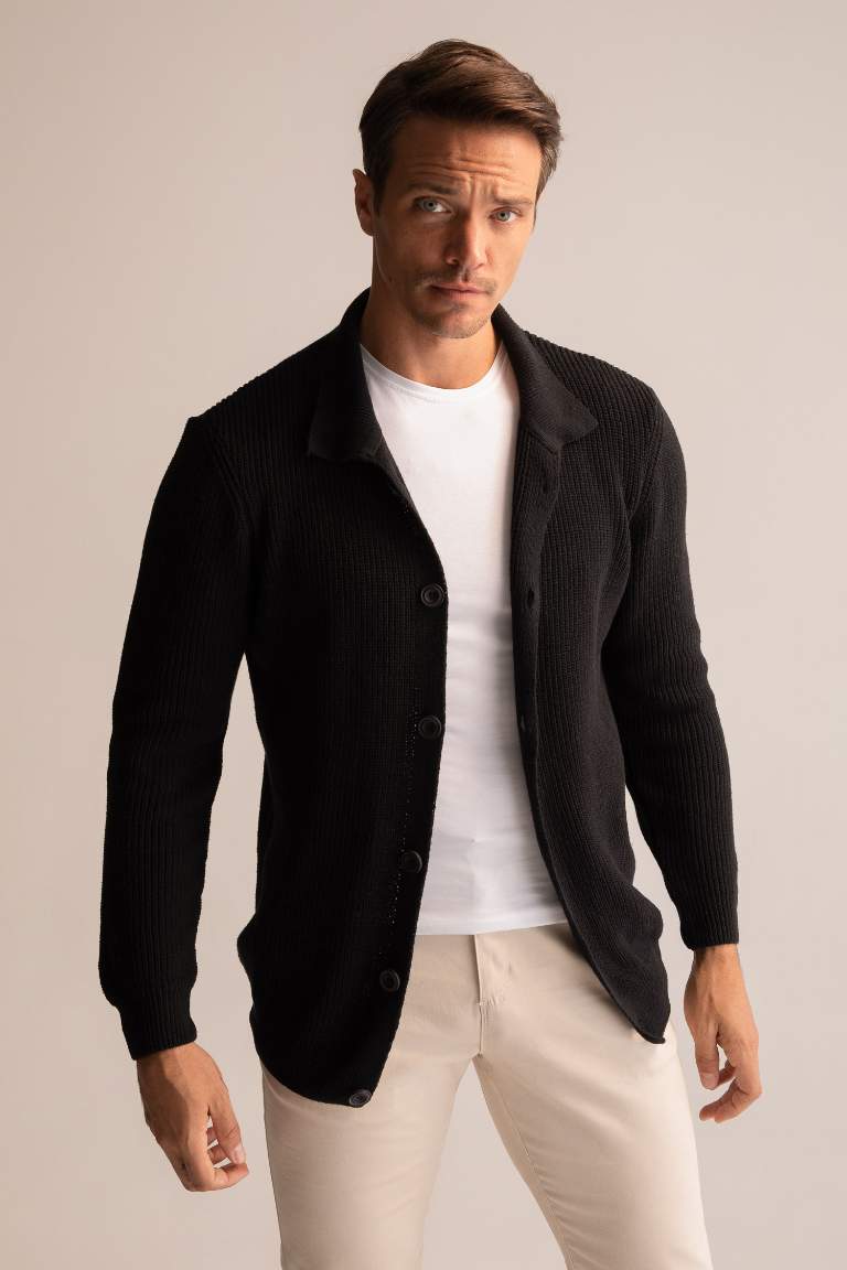 Regular Fit Polo Yaka Düğmeli Geri Dönüşümlü Triko Hırka