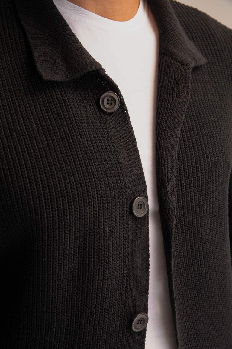 Regular Fit Polo Yaka Düğmeli Geri Dönüşümlü Triko Hırka