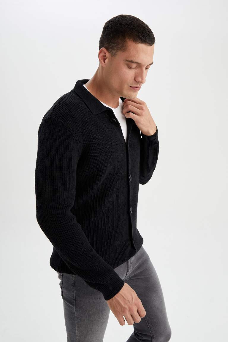 Regular Fit Polo Yaka Düğmeli Geri Dönüşümlü Triko Hırka