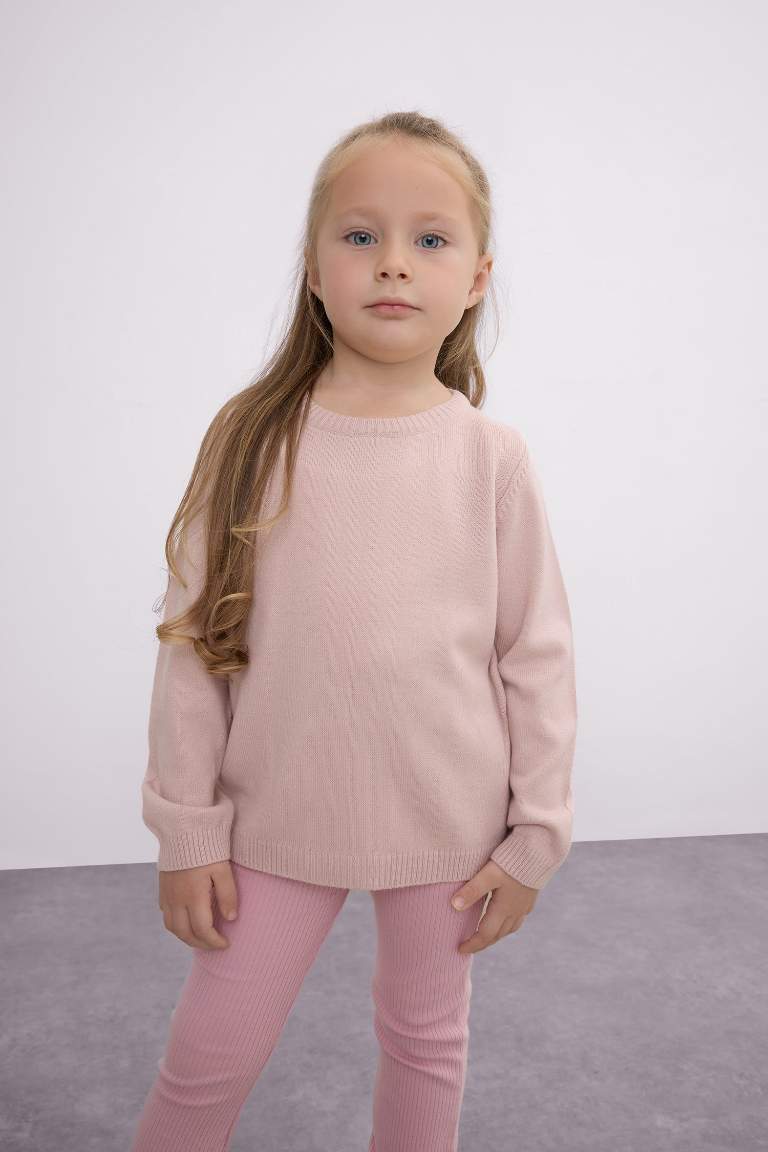 Pull en tricot basique  rose clair à col rond pour bébé fille