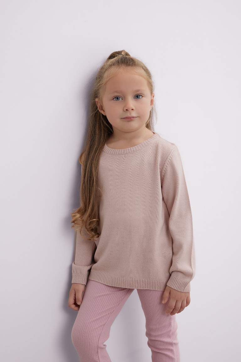 Pull en tricot basique  rose clair à col rond pour bébé fille