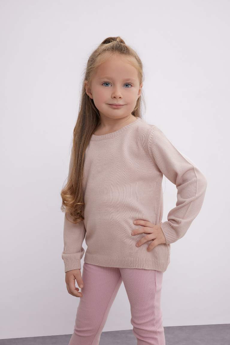 Pull en tricot basique  rose clair à col rond pour bébé fille