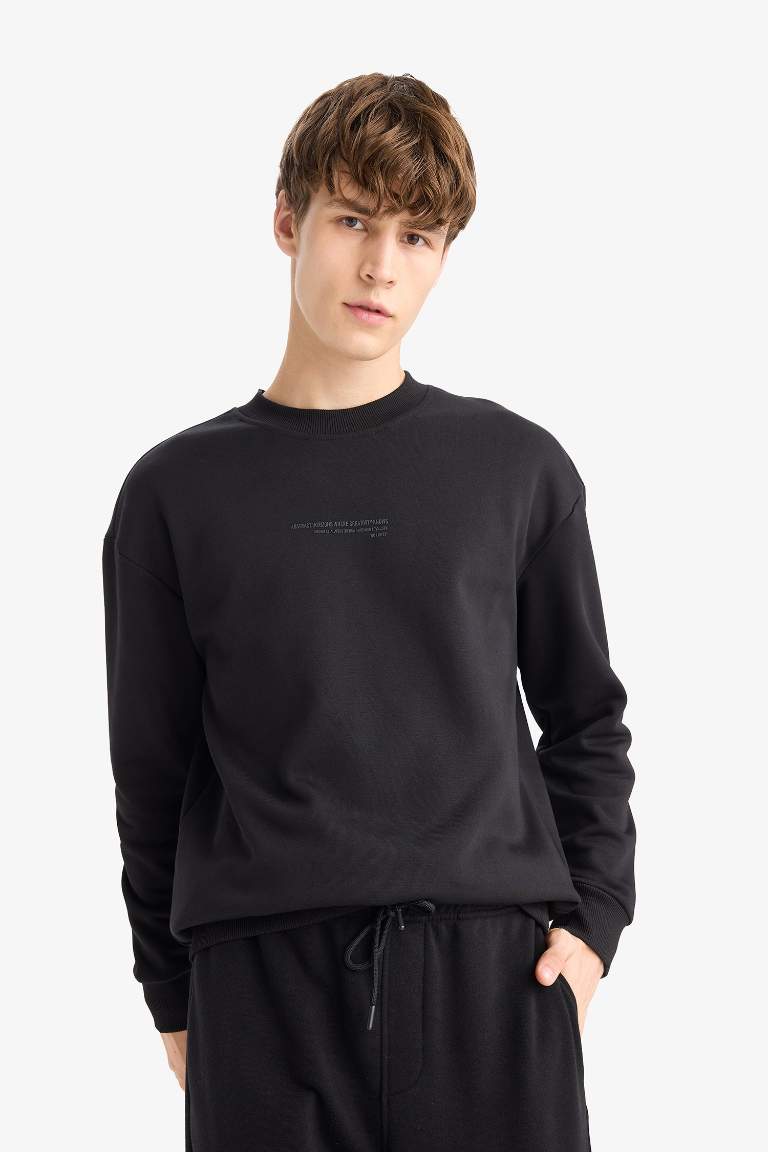 Boxy Fit Bisiklet Yaka Baskılı Sweatshirt