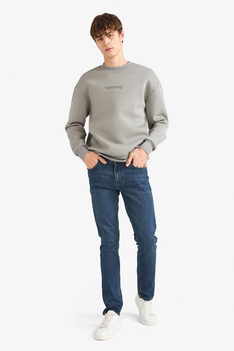 Boxy Fit Bisiklet Yaka Baskılı Sweatshirt