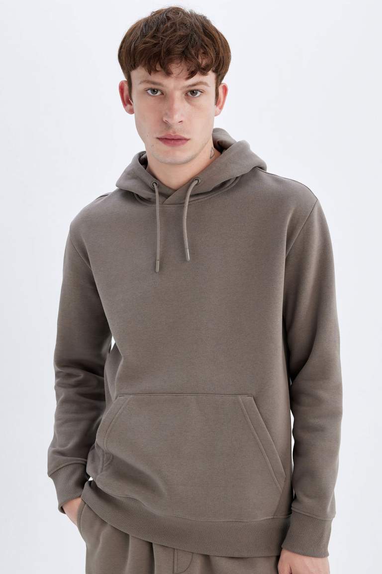 Regular Fit Hooded Soft Furry Basic Sweatshirt