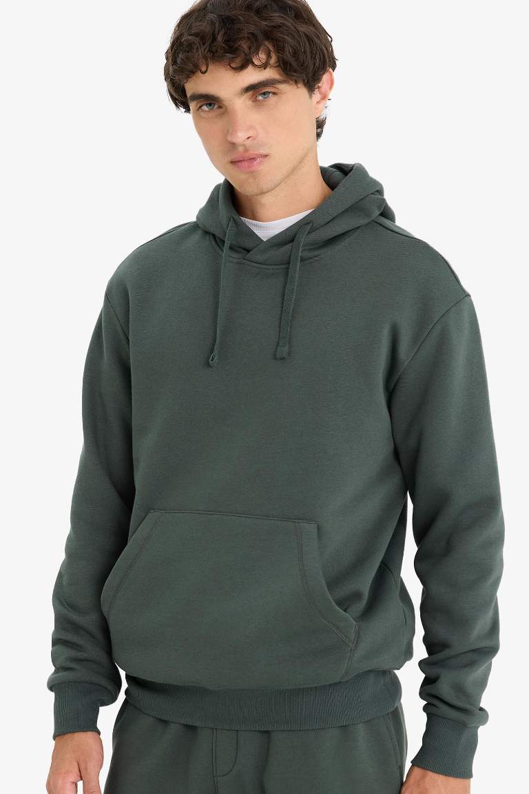 Regular Fit Kapüşonlu İçi Yumuşak Tüylü Kanguru Cepli Basic Düz Sweatshirt