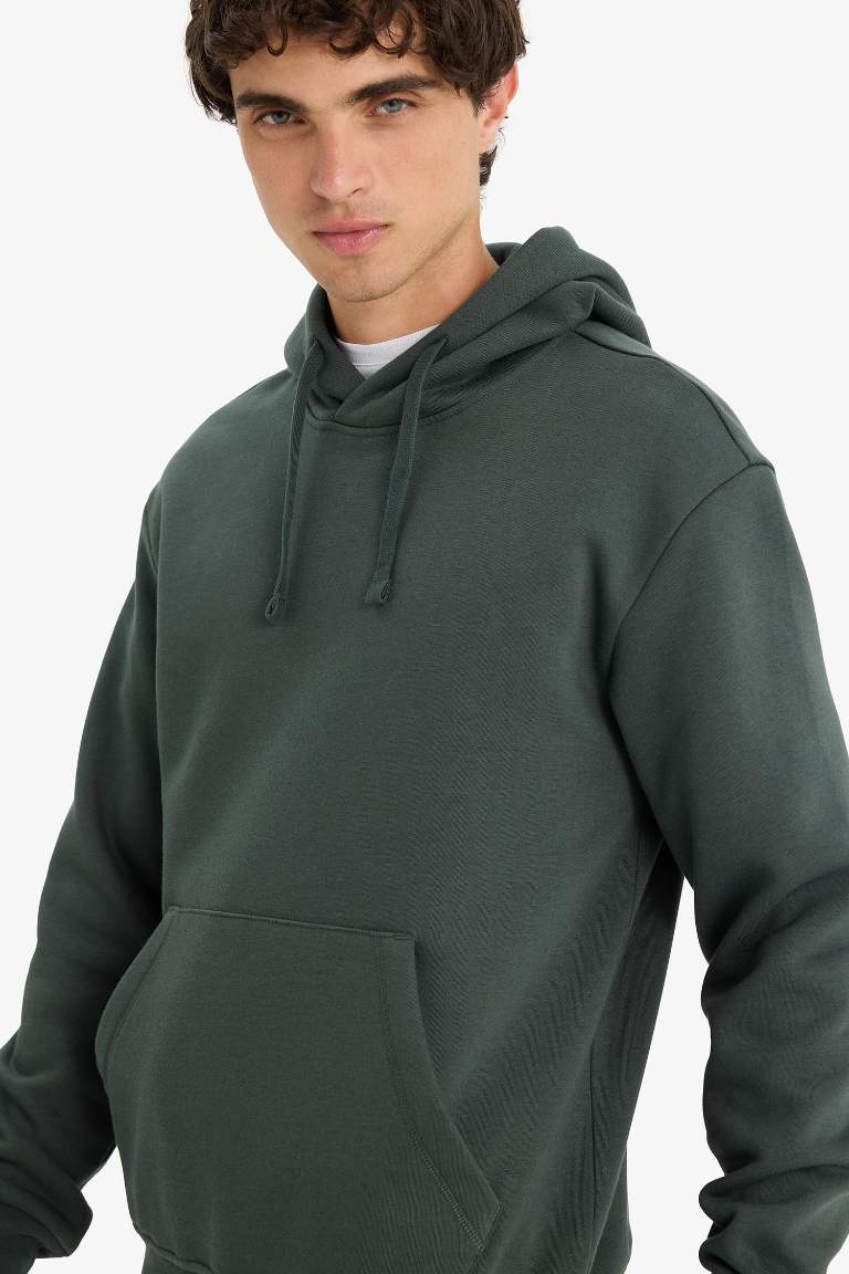 Regular Fit Kapüşonlu İçi Yumuşak Tüylü Kanguru Cepli Basic Düz Sweatshirt