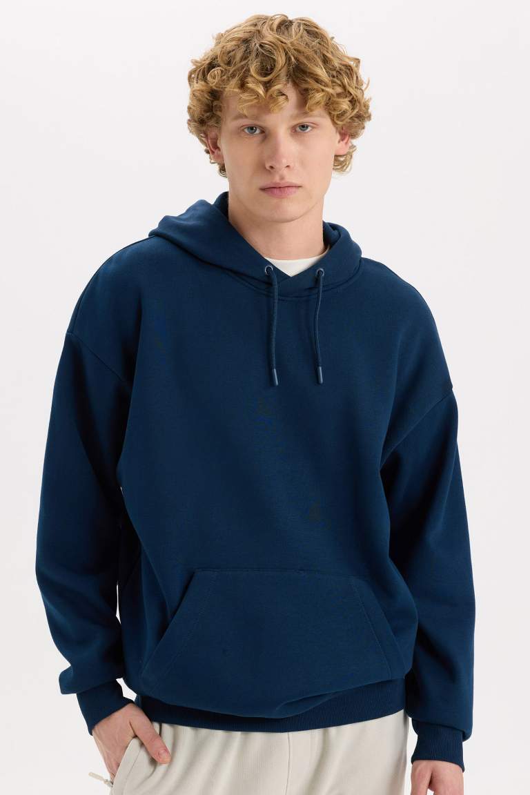 Oversize Geniş Kalıp Kapüşonlu Kanguru Cepli Basic Düz Sweatshirt
