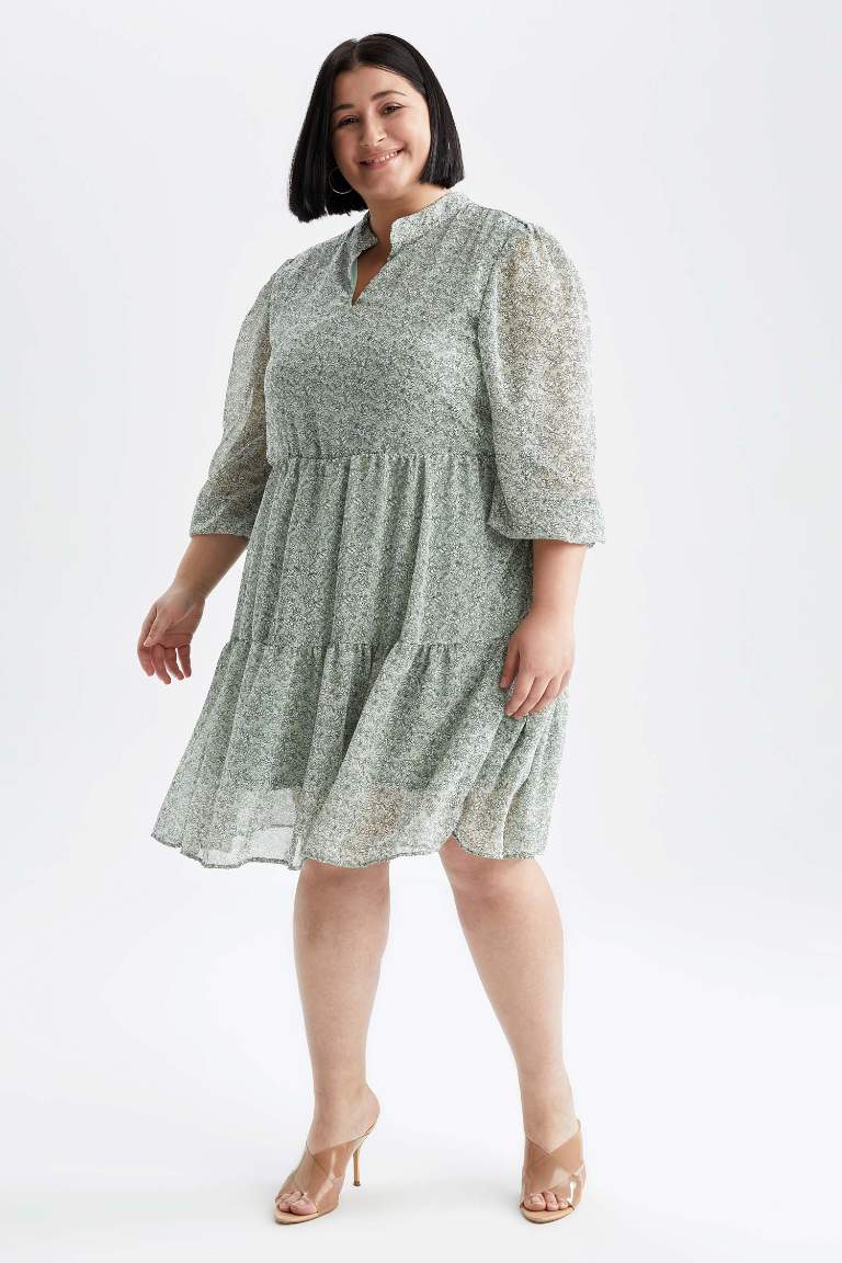 Plus Size Relax Fit Patterned V-Neck Long Sleeve Chiffon Midi Dress