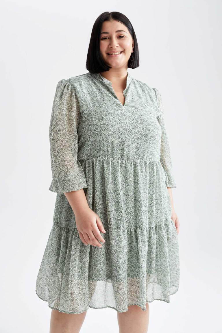 Plus Size Relax Fit Patterned V-Neck Long Sleeve Chiffon Midi Dress