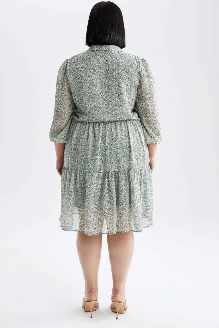 Plus Size Relax Fit Patterned V-Neck Long Sleeve Chiffon Midi Dress