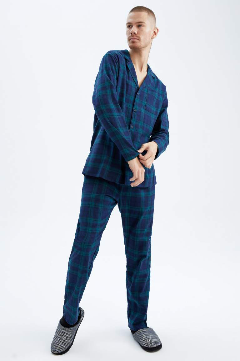 Regular Fit Gömlek Yaka Uzun Kollu Kareli Flanel Pijama Takım