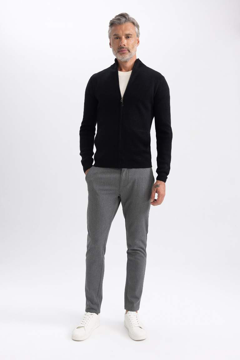 Slim Fit Dar Kesim Dik Yaka Triko Hırka
