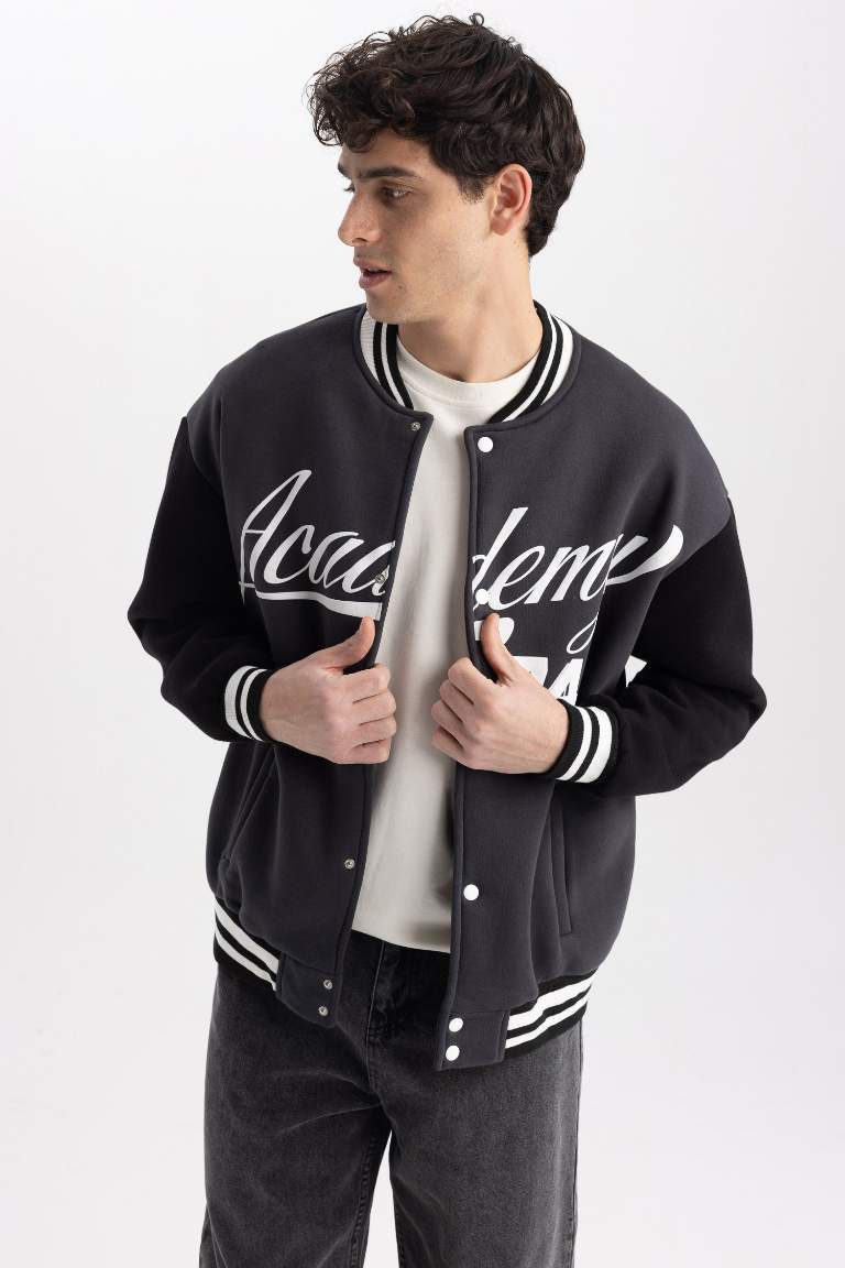 Coool Baskılı Oversize Fit Kolej Yaka Bomber İçi Yumuşak Tüylü Hırka